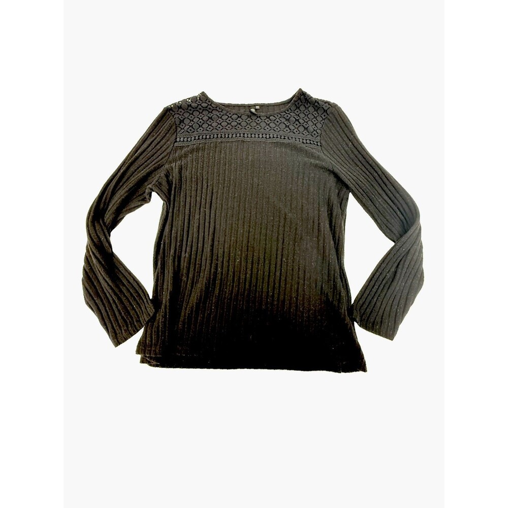 Black Ribbed 2XL Off Shoulder Cutout Top Crochet Lace Hem Long Sleeve